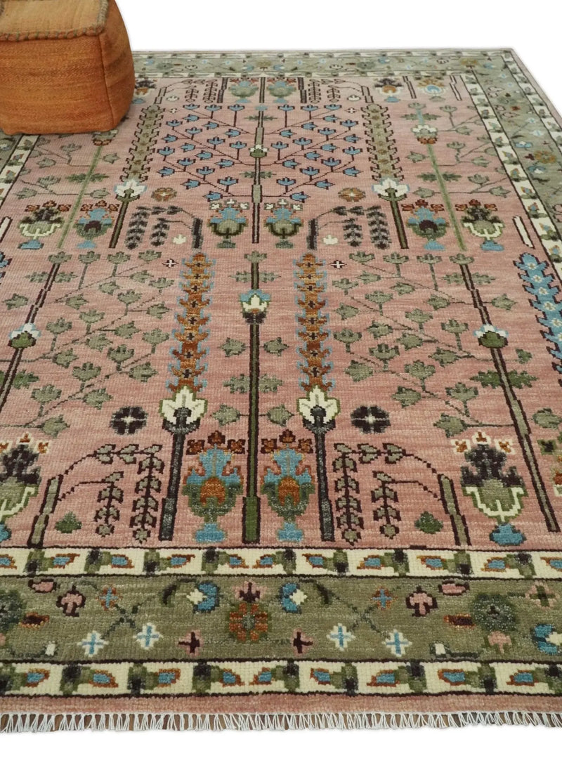 Ready to Ship Pink, Olive and Beige Traditional Vintage Style Tree Wool Rug The Rug Decor