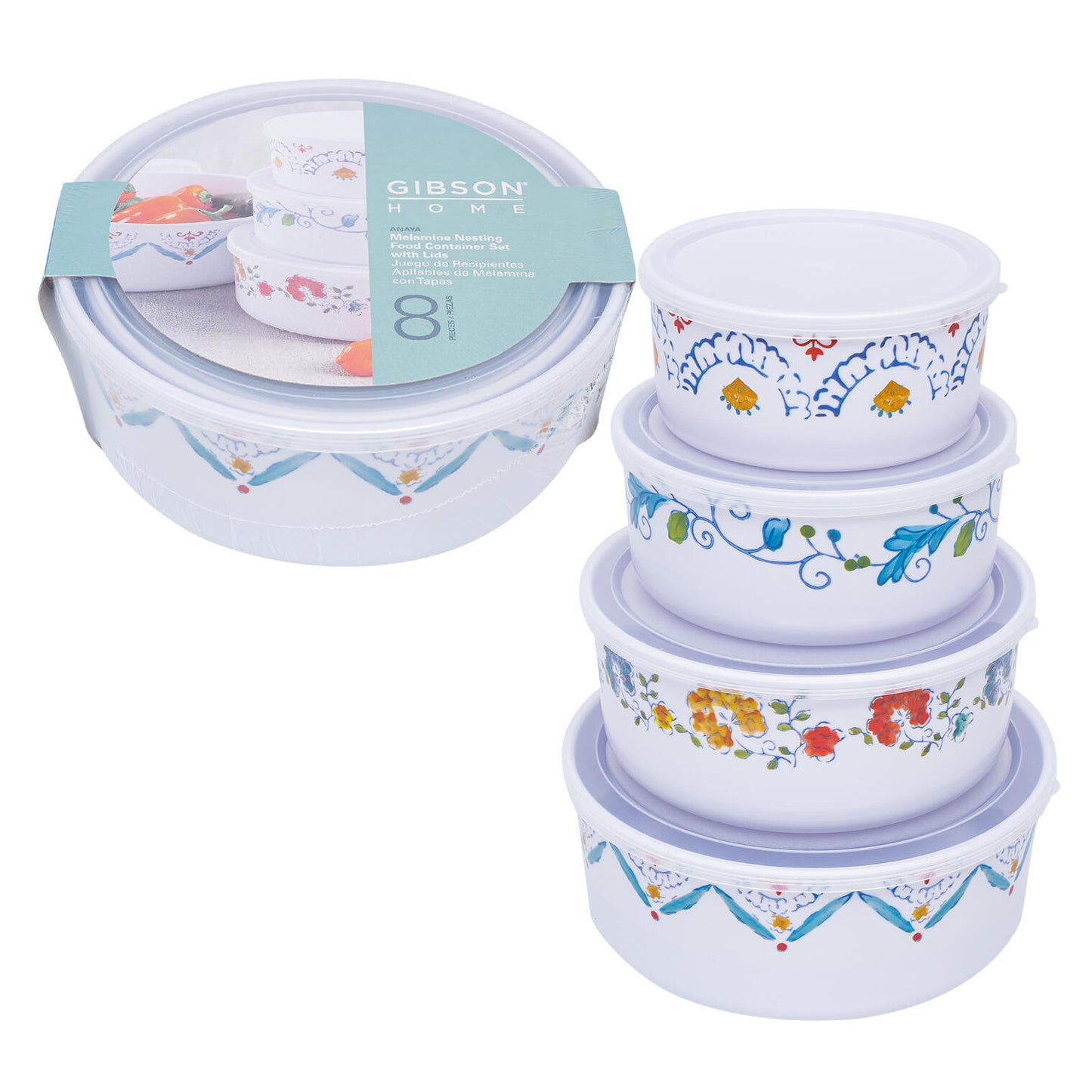 Gibson Home Anaya Melamine Nesting Food Container Set with Lids. This 8-piece round food storage set