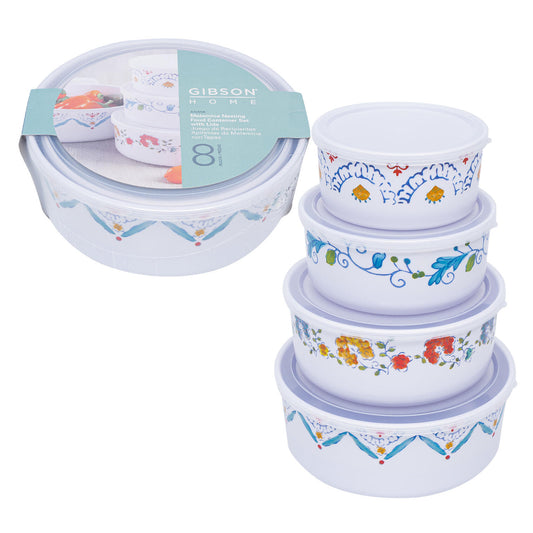 Gibson Home Anaya Melamine Nesting Food Container Set with Lids. This 8-piece round food storage set