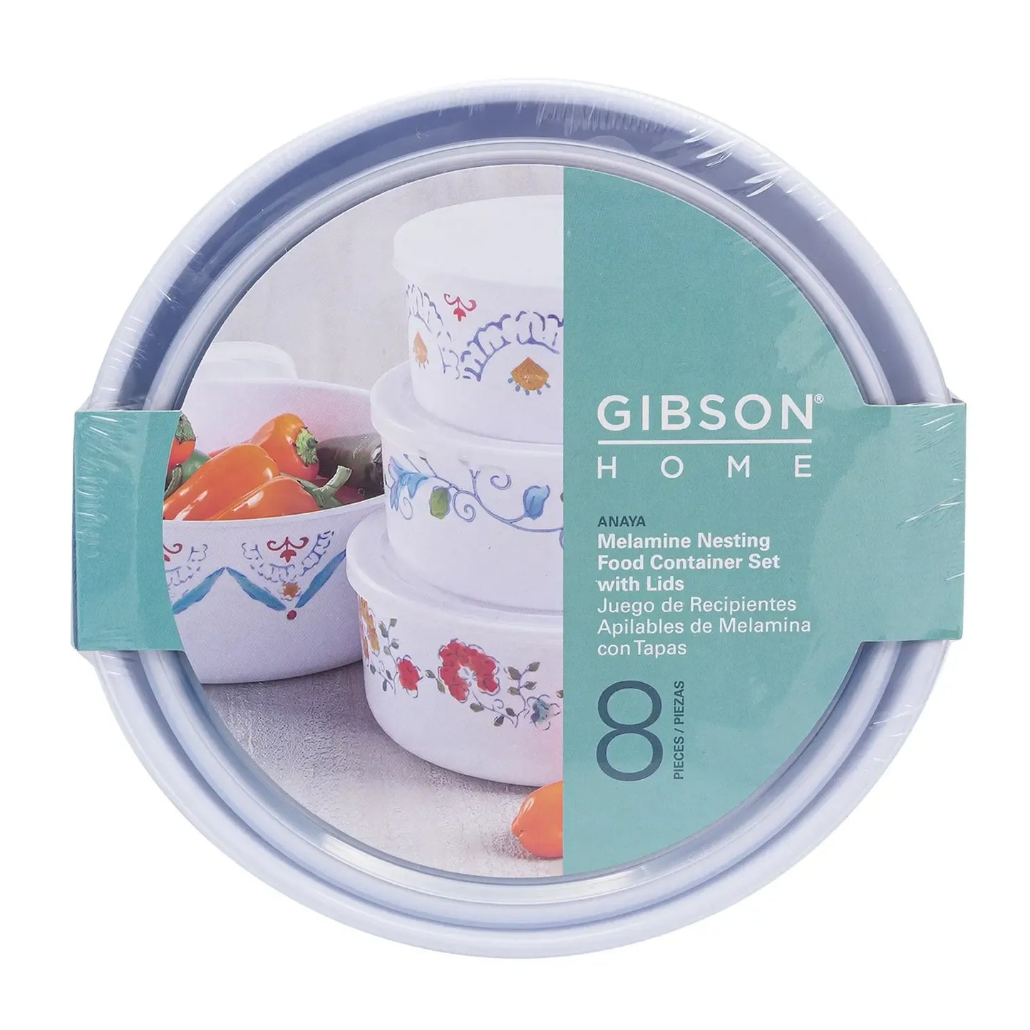 Gibson Home Anaya Melamine Nesting Food Container Set with Lids. This 8-piece round food storage set