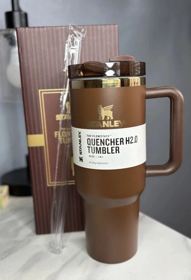 Chocolate Gold Brown Stanley-Style Quencher H2.0 Tumbler – 40oz Our3Designs