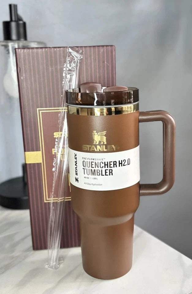 Chocolate Gold Brown Stanley-Style Quencher H2.0 Tumbler – 40oz Our3Designs