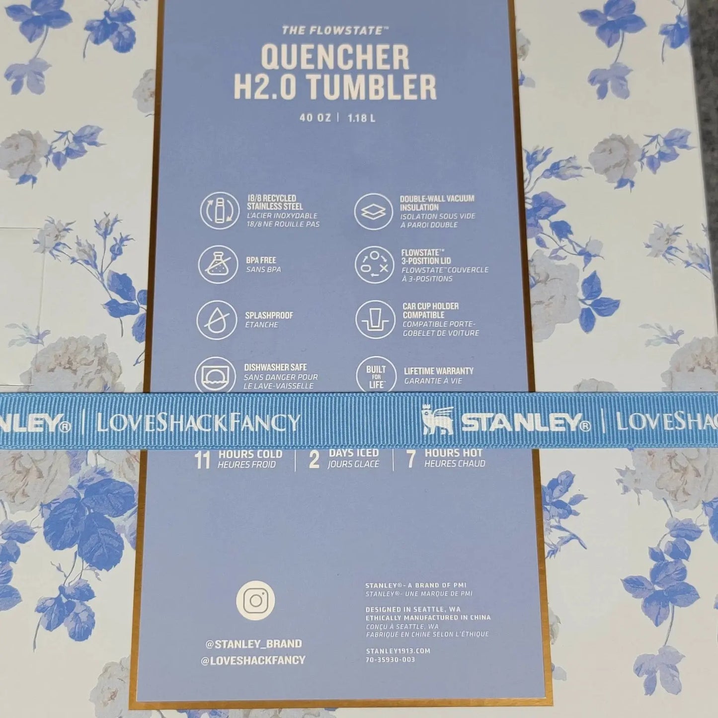 Stanley Rosa Beaux Blue Tumbler LoveShackFancy Quencher H2.0 40oz Gift Boxed