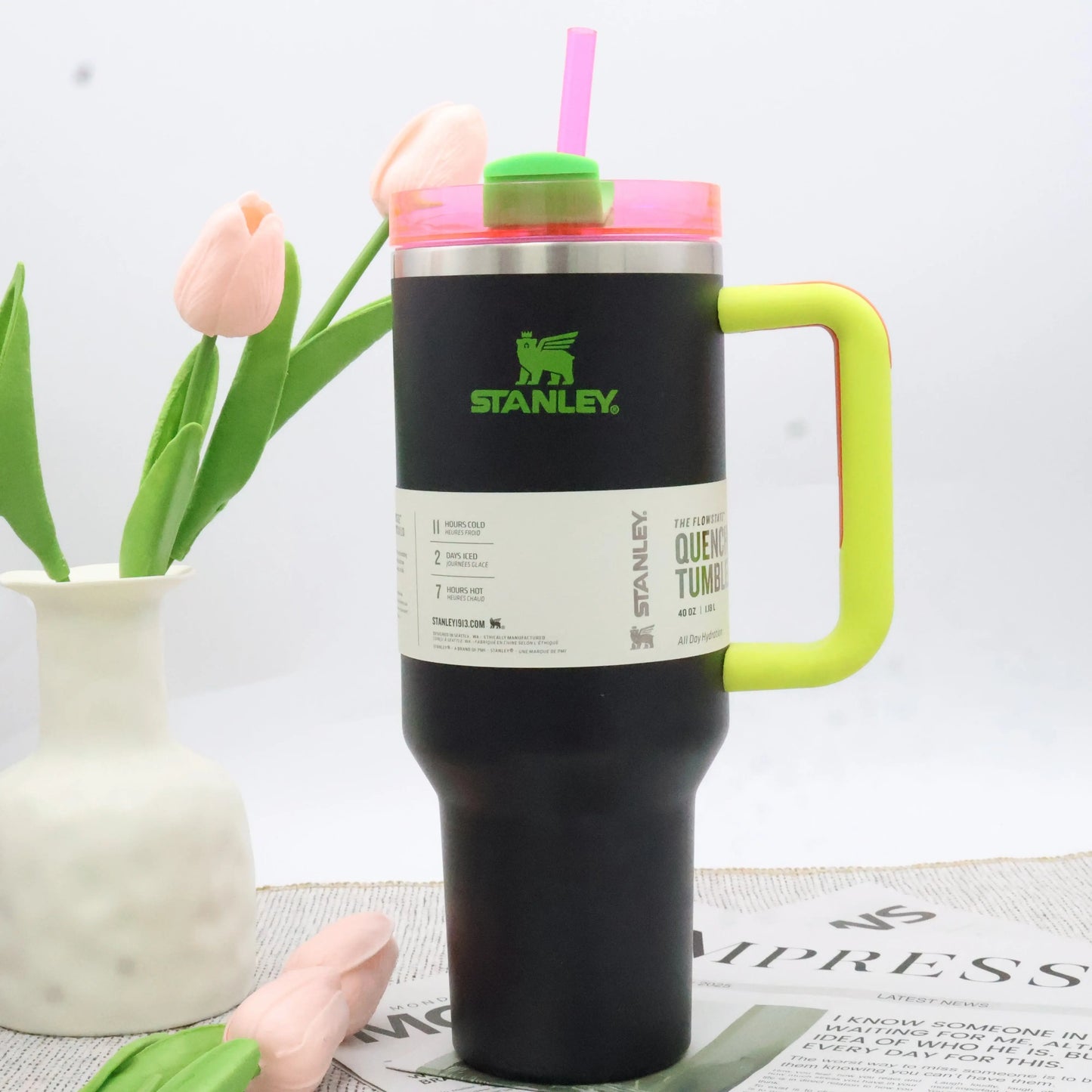 STANLEY 40 oz Tumbler, Black Neon Spring Fling Pink, Quencher H2.0 FlowState Insulated Cup