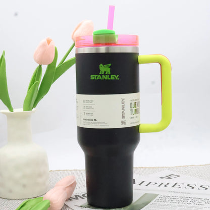 STANLEY 40 oz Tumbler, Black Neon Spring Fling Pink, Quencher H2.0 FlowState Insulated Cup