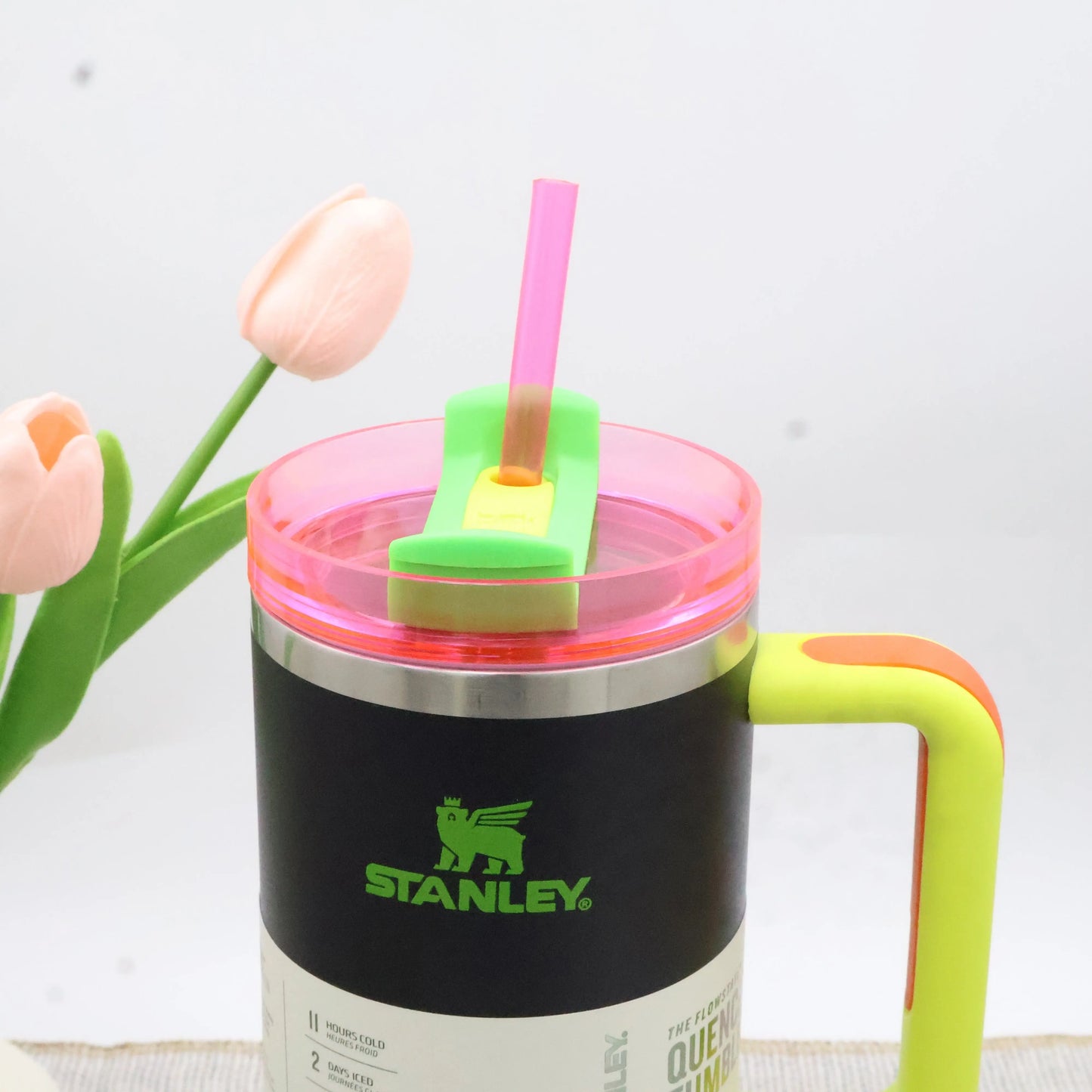 STANLEY 40 oz Tumbler, Black Neon Spring Fling Pink, Quencher H2.0 FlowState Insulated Cup