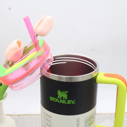 STANLEY 40 oz Tumbler, Black Neon Spring Fling Pink, Quencher H2.0 FlowState Insulated Cup