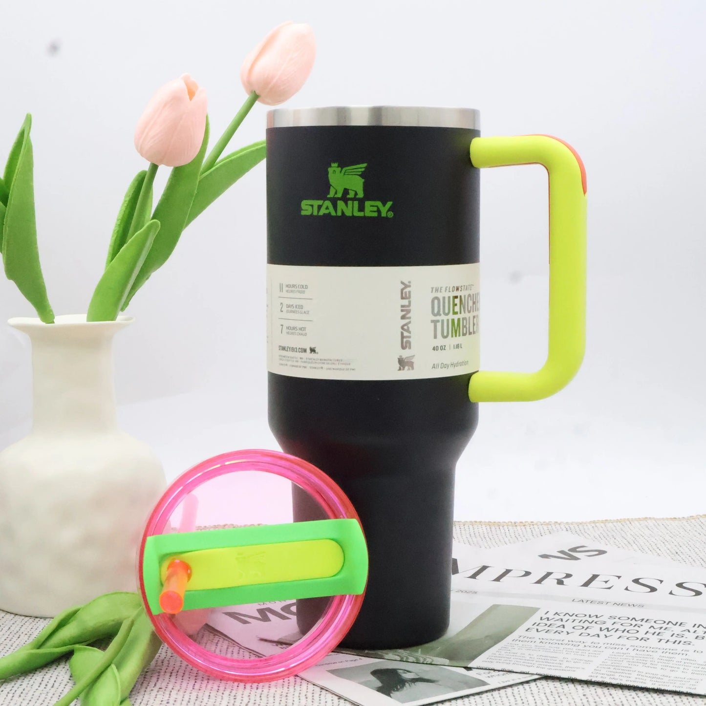 STANLEY 40 oz Tumbler, Black Neon Spring Fling Pink, Quencher H2.0 FlowState Insulated Cup