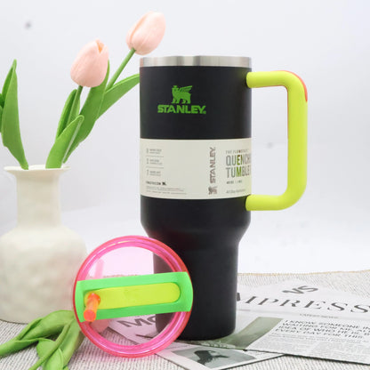 STANLEY 40 oz Tumbler, Black Neon Spring Fling Pink, Quencher H2.0 FlowState Insulated Cup