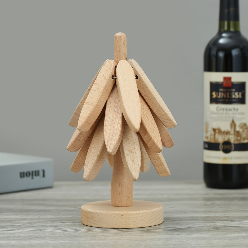 Handcrafted Wooden Trivet Tree – Hanging Leaf Trivet Holder & Heat Pads – Rustic Kitchen Decor Our3Designs