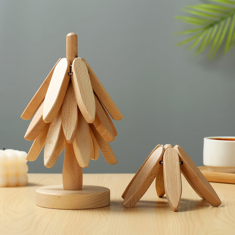 Handcrafted Wooden Trivet Tree – Hanging Leaf Trivet Holder & Heat Pads – Rustic Kitchen Decor Our3Designs